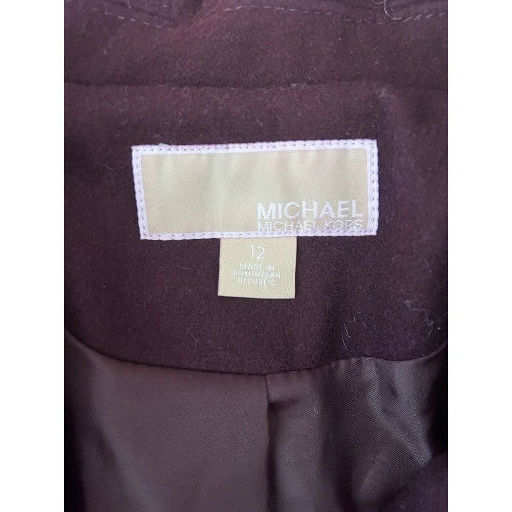 Michael Kors Plum Purple Wool Blend Belted Trench Pea Coat Sz 12 Gold‎ Buttons